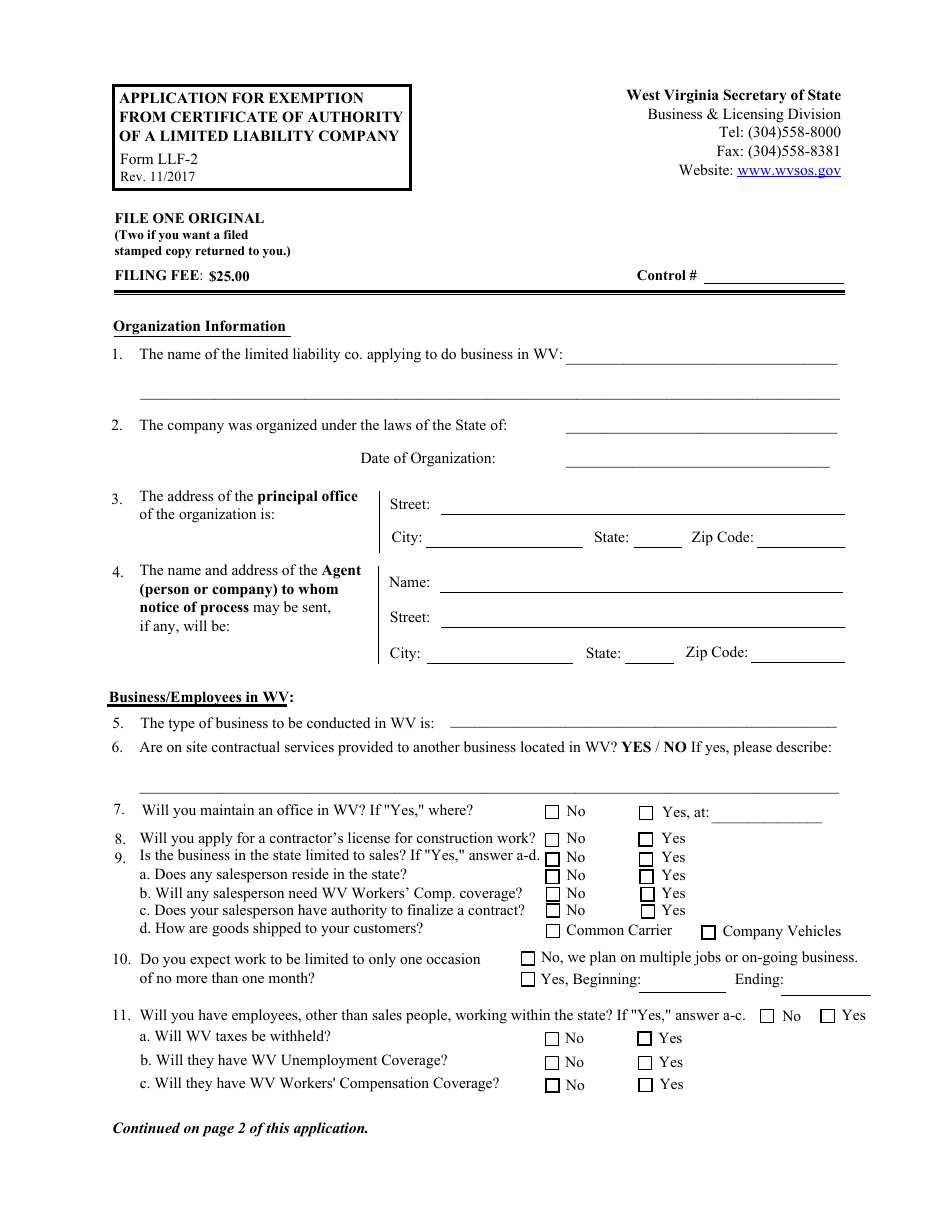 Form LLF-2 Application for Exemption From Certificate of Authority of a Limited Liability Company - West Virginia, Page 1