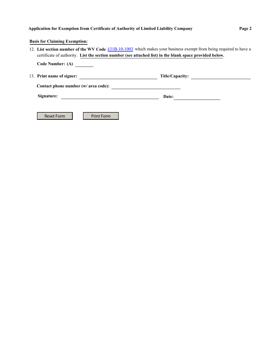 Form LLF-2 Application for Exemption From Certificate of Authority of a Limited Liability Company - West Virginia, Page 2