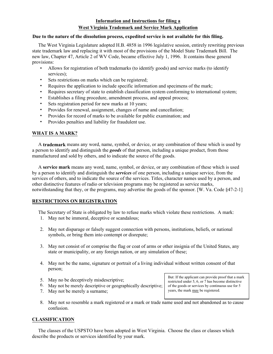 Form TM-1 West Virginia Application for Trademark or Service Mark - West Virginia, Page 6