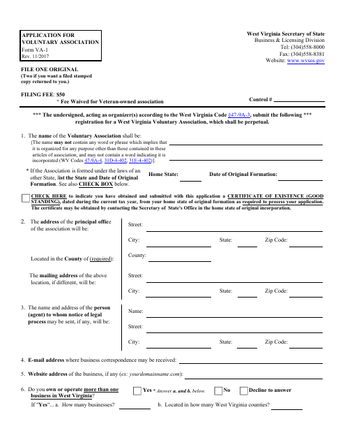 Form VA-1 Application for Voluntary Association - West Virginia