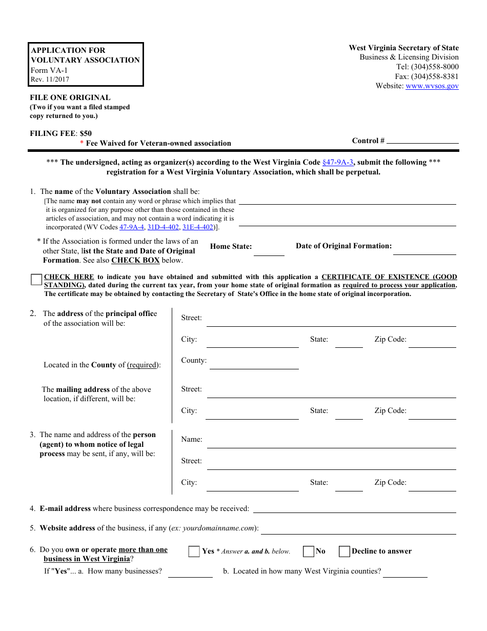 Form VA-1 Application for Voluntary Association - West Virginia, Page 1