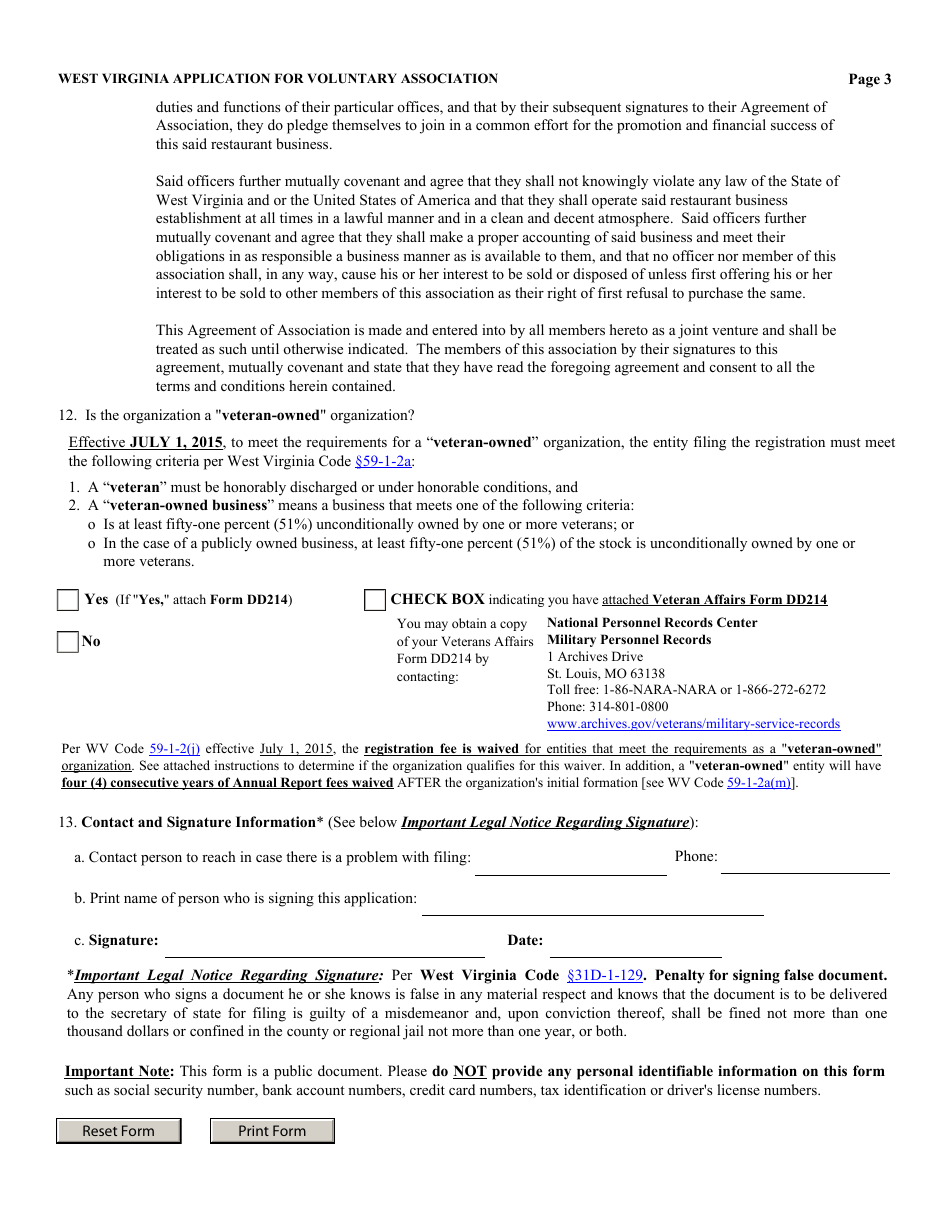 Form VA-1 Application for Voluntary Association - West Virginia, Page 3