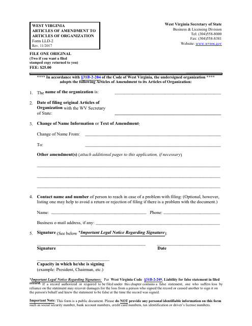 Form LLD-2 West Virginia Articles of Amendment to Articles of Organization - West Virginia