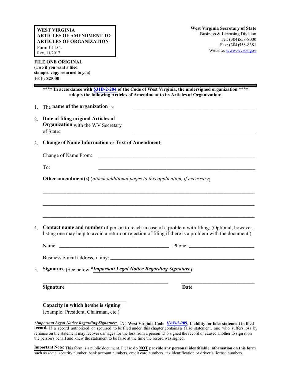 Form LLD-2 West Virginia Articles of Amendment to Articles of Organization - West Virginia, Page 1