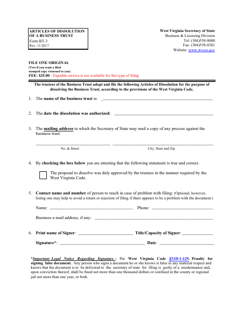 Form BT-3 Articles of Dissolution of a Business Trust - West Virginia