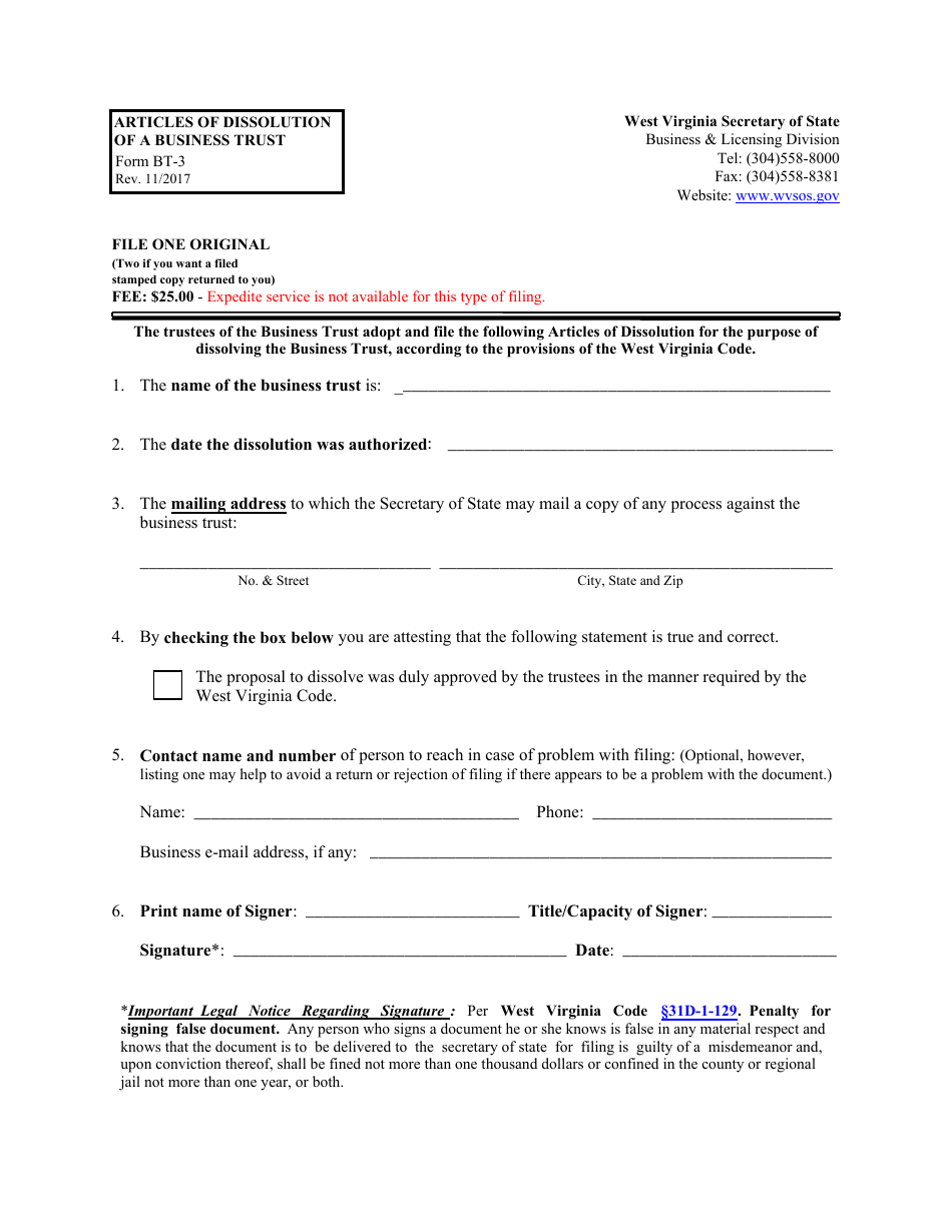 Form BT-3 Articles of Dissolution of a Business Trust - West Virginia, Page 1