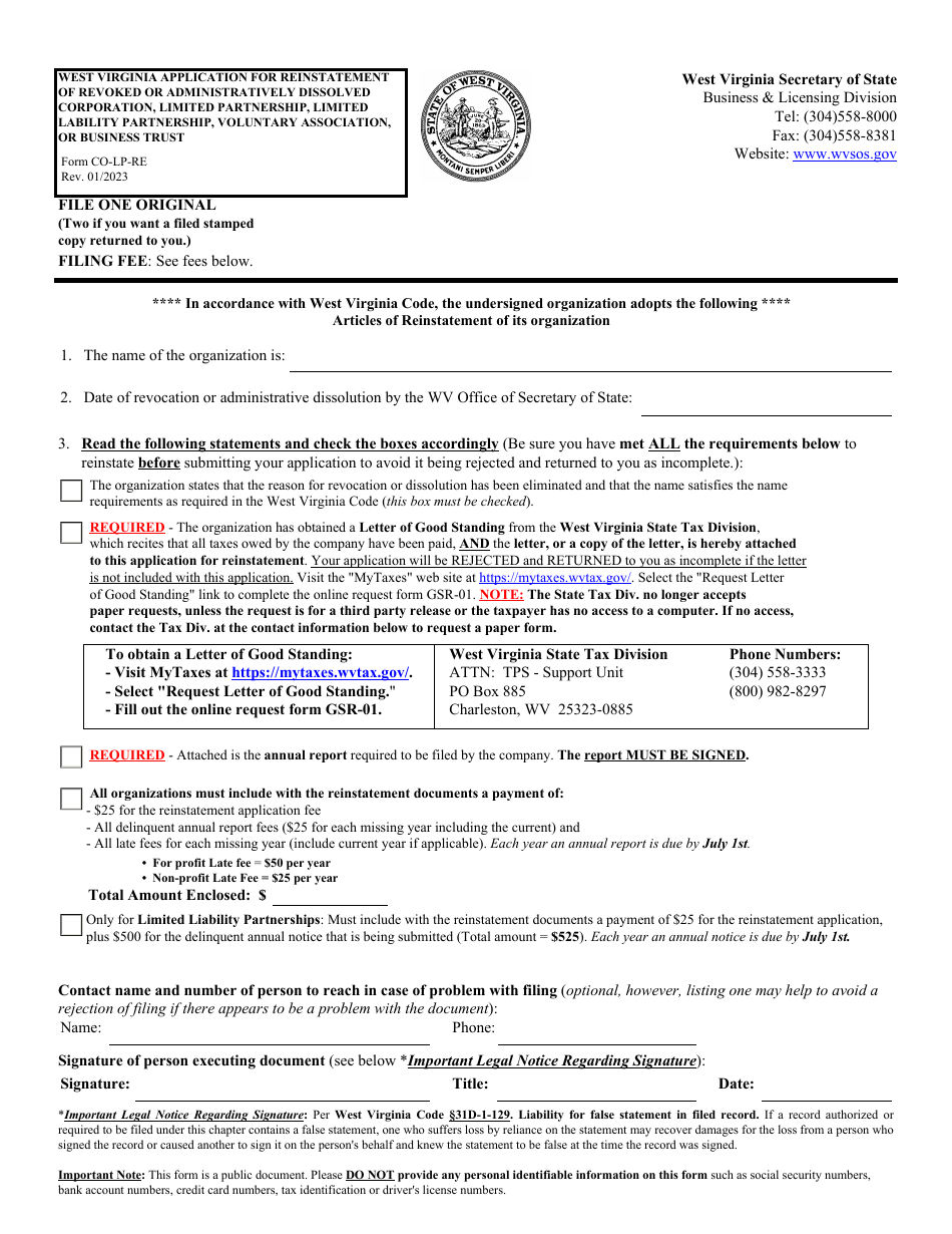 Form CO-LP-RE West Virginia Application for Reinstatement of Revoked or Administratively Dissolved Corporation, Limited Partnership, Limited Lability Partnership, Voluntary Association, or Business Trust - West Virginia, Page 1