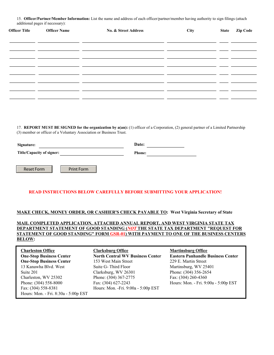 Form CO-LP-RE West Virginia Application for Reinstatement of Revoked or Administratively Dissolved Corporation, Limited Partnership, Limited Lability Partnership, Voluntary Association, or Business Trust - West Virginia, Page 3