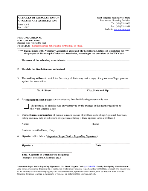 Form VA-3 Articles of Dissolution of a Voluntary Association - West Virginia