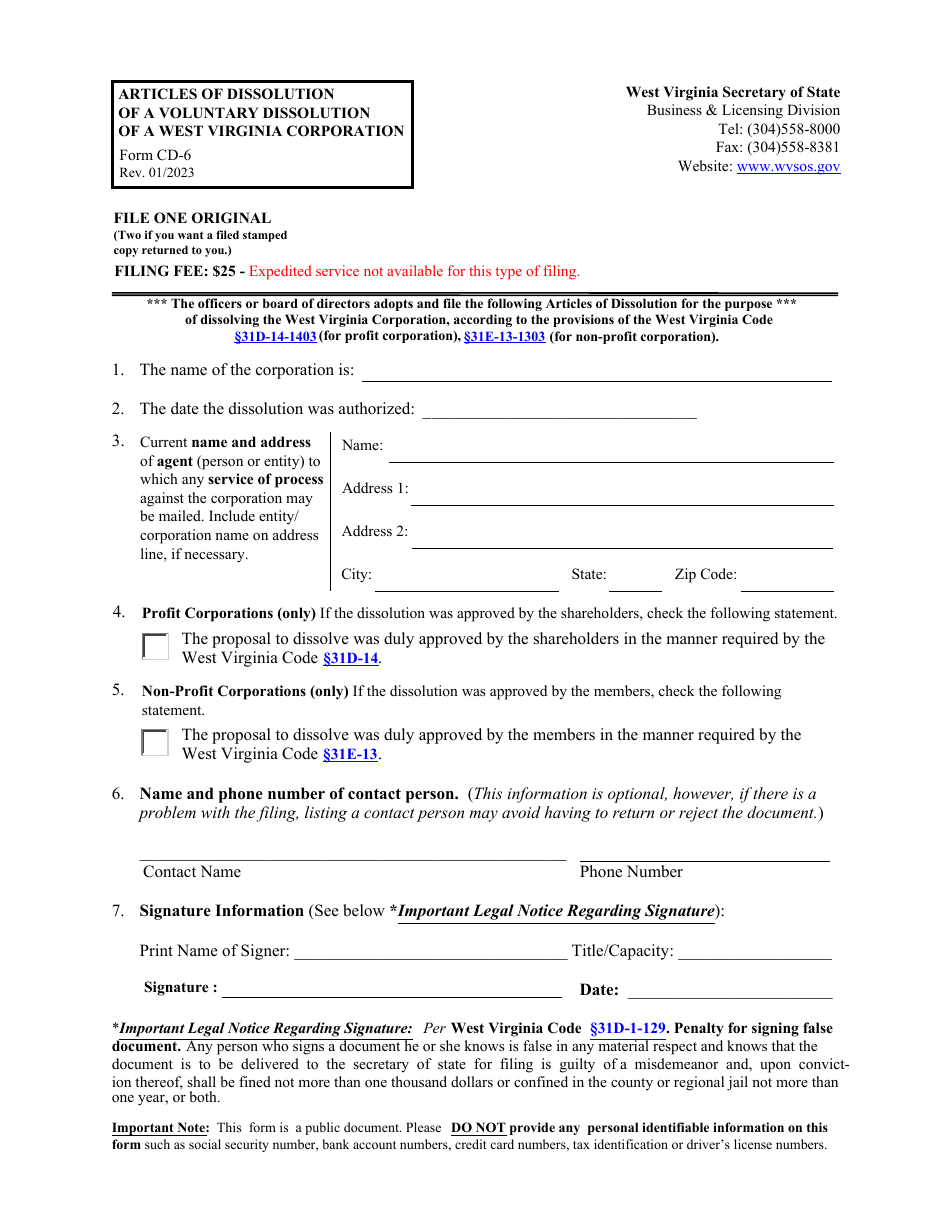 Form CD-6 Articles of Dissolution of a Voluntary Dissolution of a West Virginia Corporatio - West Virginia, Page 1