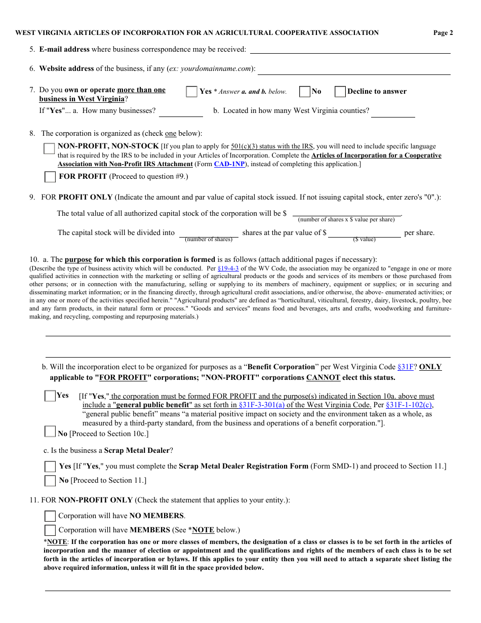 Form CAD-1 West Virginia Articles of Incorporation for an Agricultural Cooperative Association - West Virginia, Page 2