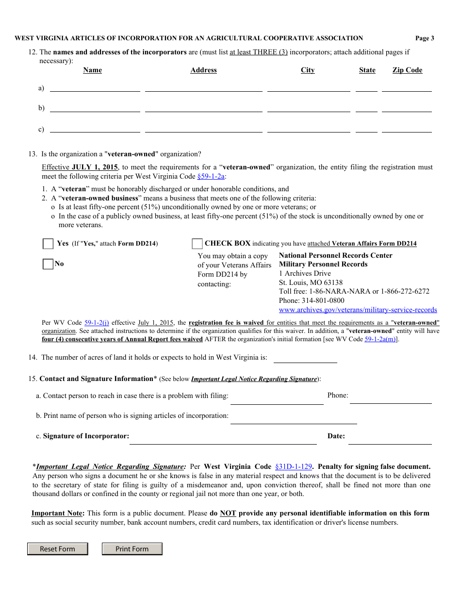 Form CAD-1 West Virginia Articles of Incorporation for an Agricultural Cooperative Association - West Virginia, Page 3