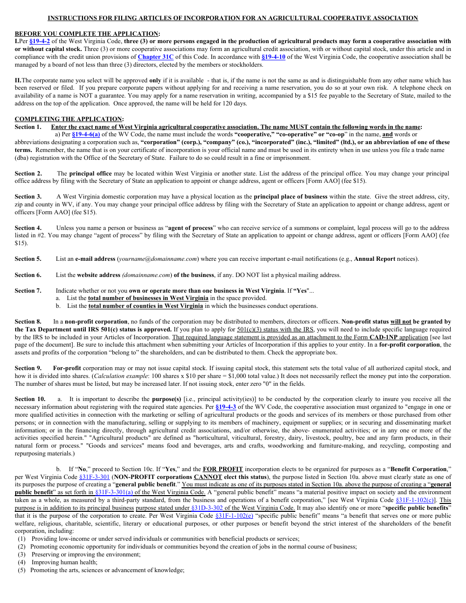 Form CAD-1 West Virginia Articles of Incorporation for an Agricultural Cooperative Association - West Virginia, Page 4