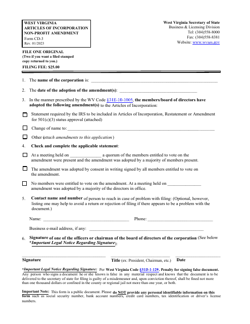 Form CD-3 West Virginia Articles of Incorporation Non-profit Amendment - West Virginia