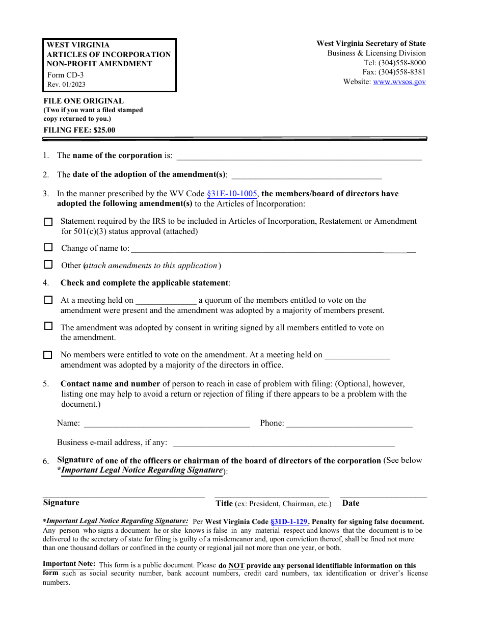 Form Cd 3 Download Fillable Pdf Or Fill Online West Virginia Articles