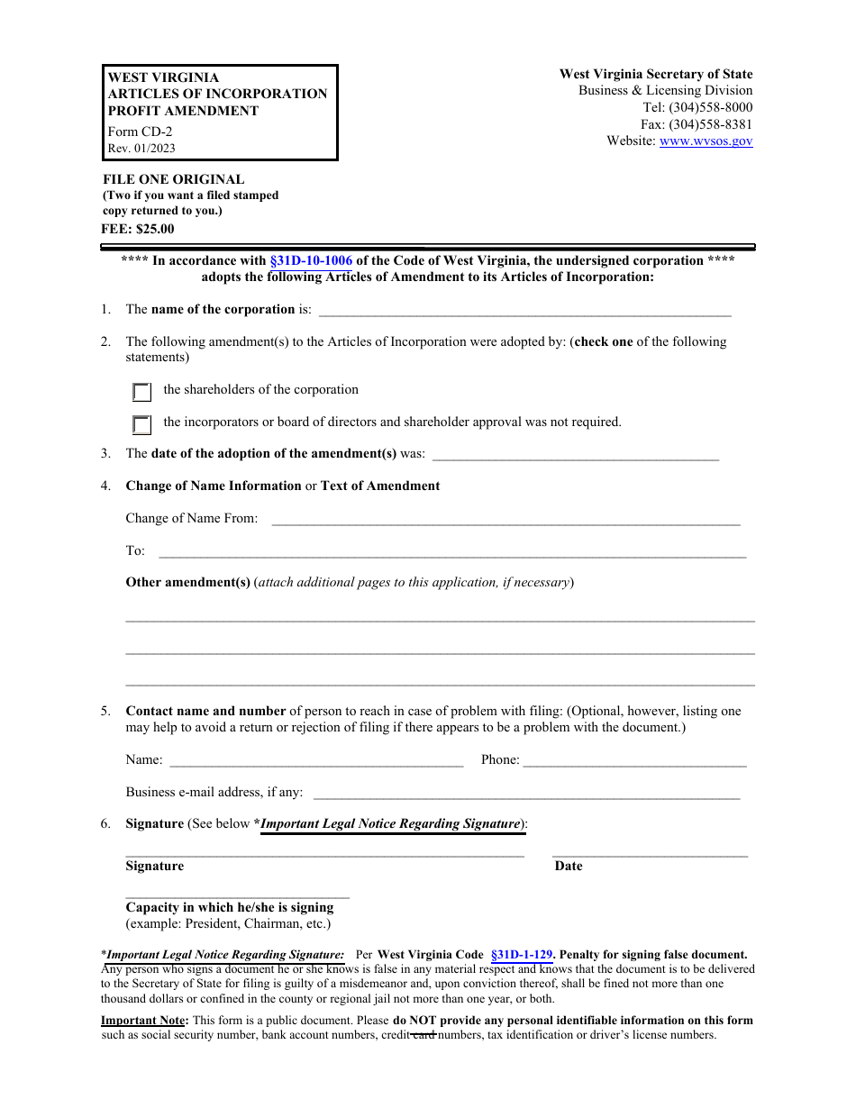Form CD-2 West Virginia Articles of Incorporation Profit Amendment - West Virginia, Page 1