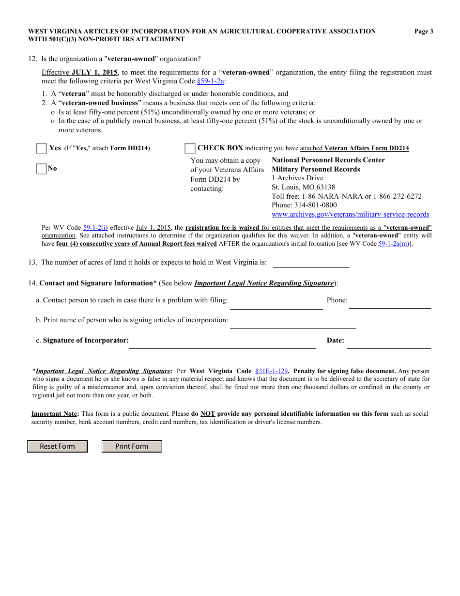 Form CAD-1NP West Virginia Articles of Incorporation for an Agricultural Cooperative Association With 501(C)(3) Non-profit IRS Attachment - West Virginia, Page 3