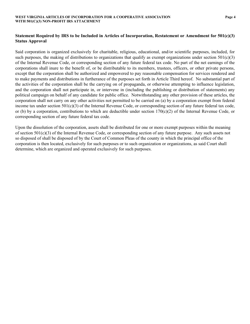 Form CAD-1NP West Virginia Articles of Incorporation for an Agricultural Cooperative Association With 501(C)(3) Non-profit IRS Attachment - West Virginia, Page 4