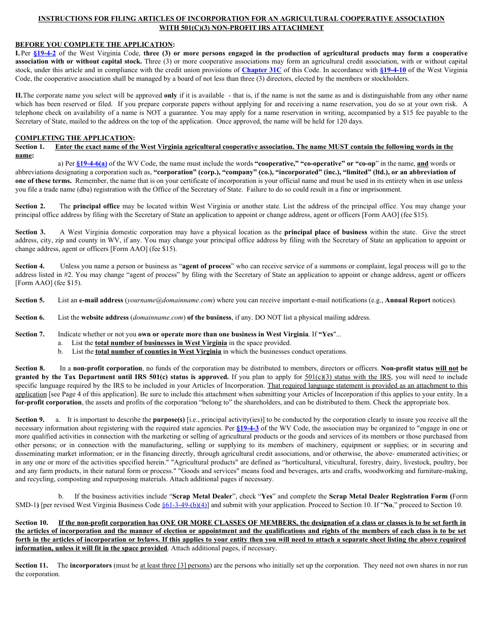 Form CAD-1NP West Virginia Articles of Incorporation for an Agricultural Cooperative Association With 501(C)(3) Non-profit IRS Attachment - West Virginia, Page 5