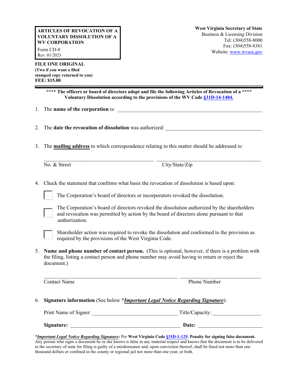 Form CD-8 - Fill Out, Sign Online and Download Fillable PDF, West ...