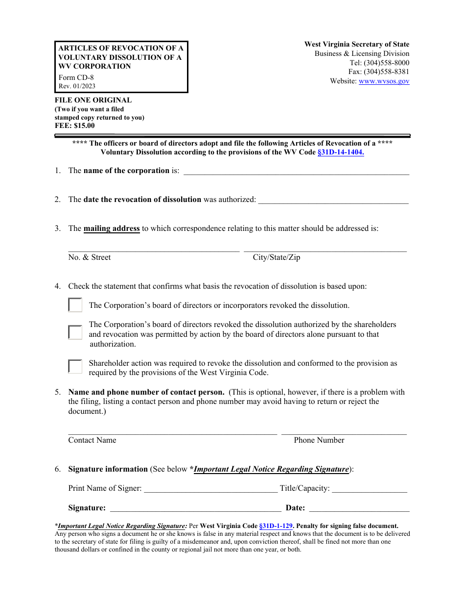 Form CD-8 Articles of Revocation of a Voluntary Dissolution of a Wv Corporation - West Virginia, Page 1