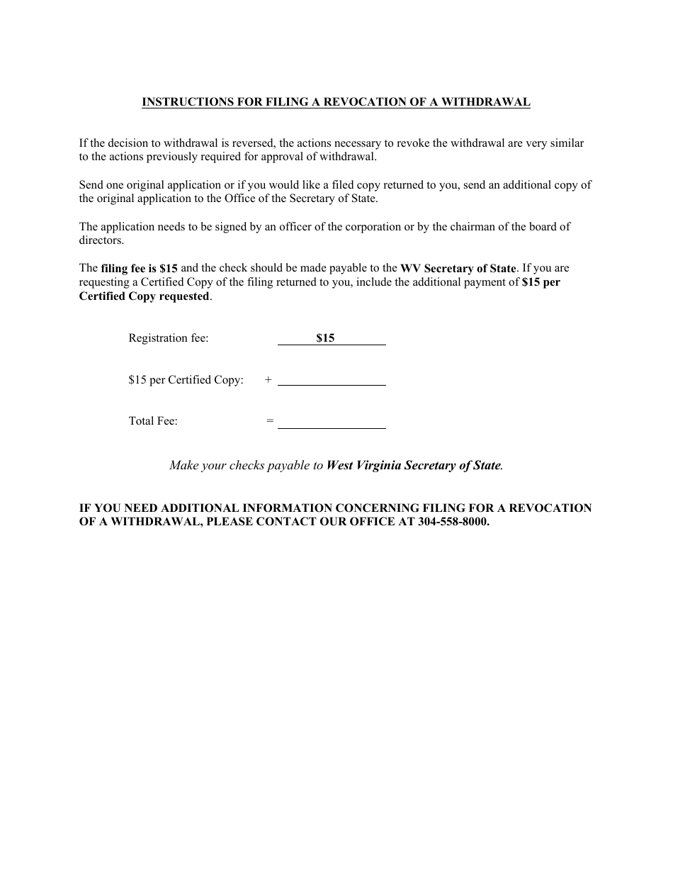 Form CF-8 Articles of Revocation of a Withdrawal of a Foreign Corporation - West Virginia, Page 2