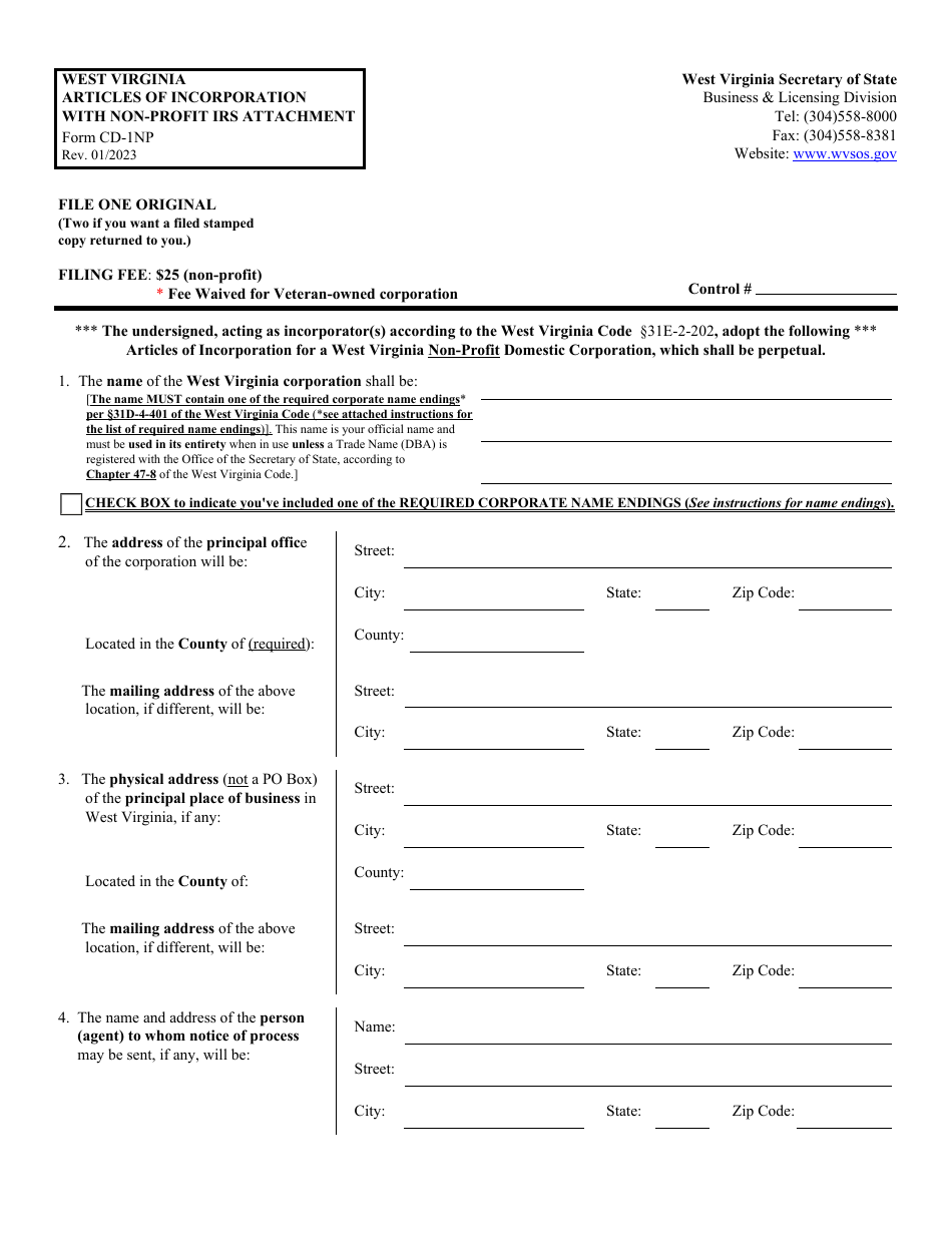 Form CD-1NP West Virginia Articles of Incorporation With Non-profit IRS Attachment - West Virginia, Page 1
