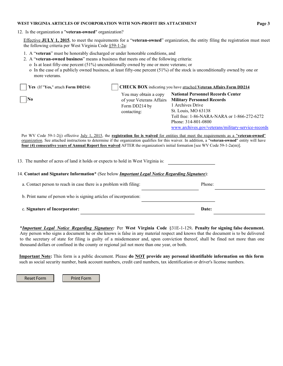 Form CD-1NP West Virginia Articles of Incorporation With Non-profit IRS Attachment - West Virginia, Page 3