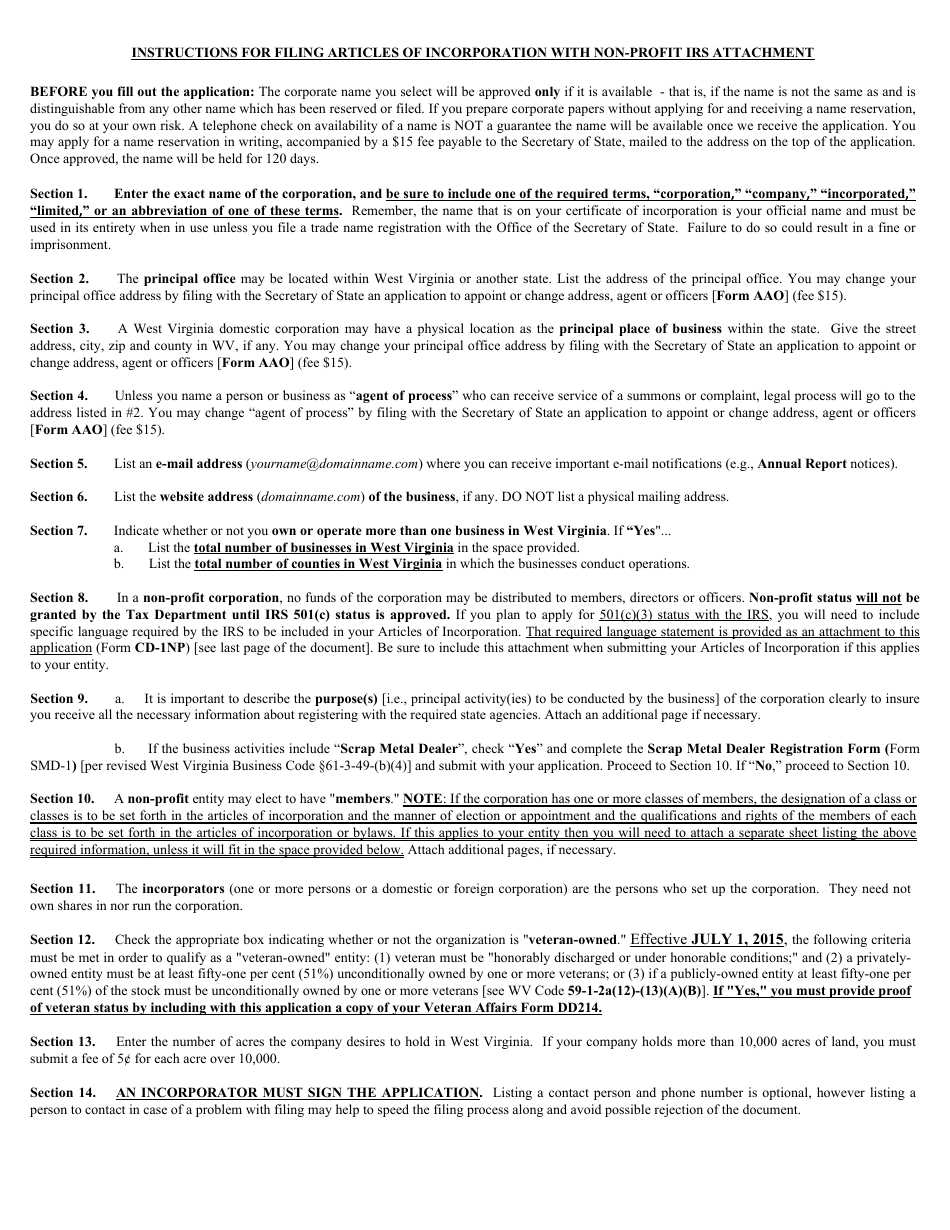 Form CD-1NP West Virginia Articles of Incorporation With Non-profit IRS Attachment - West Virginia, Page 5