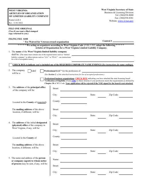 Form LLD-1 West Virginia Articles of Organization of Limited Liability Company - West Virginia
