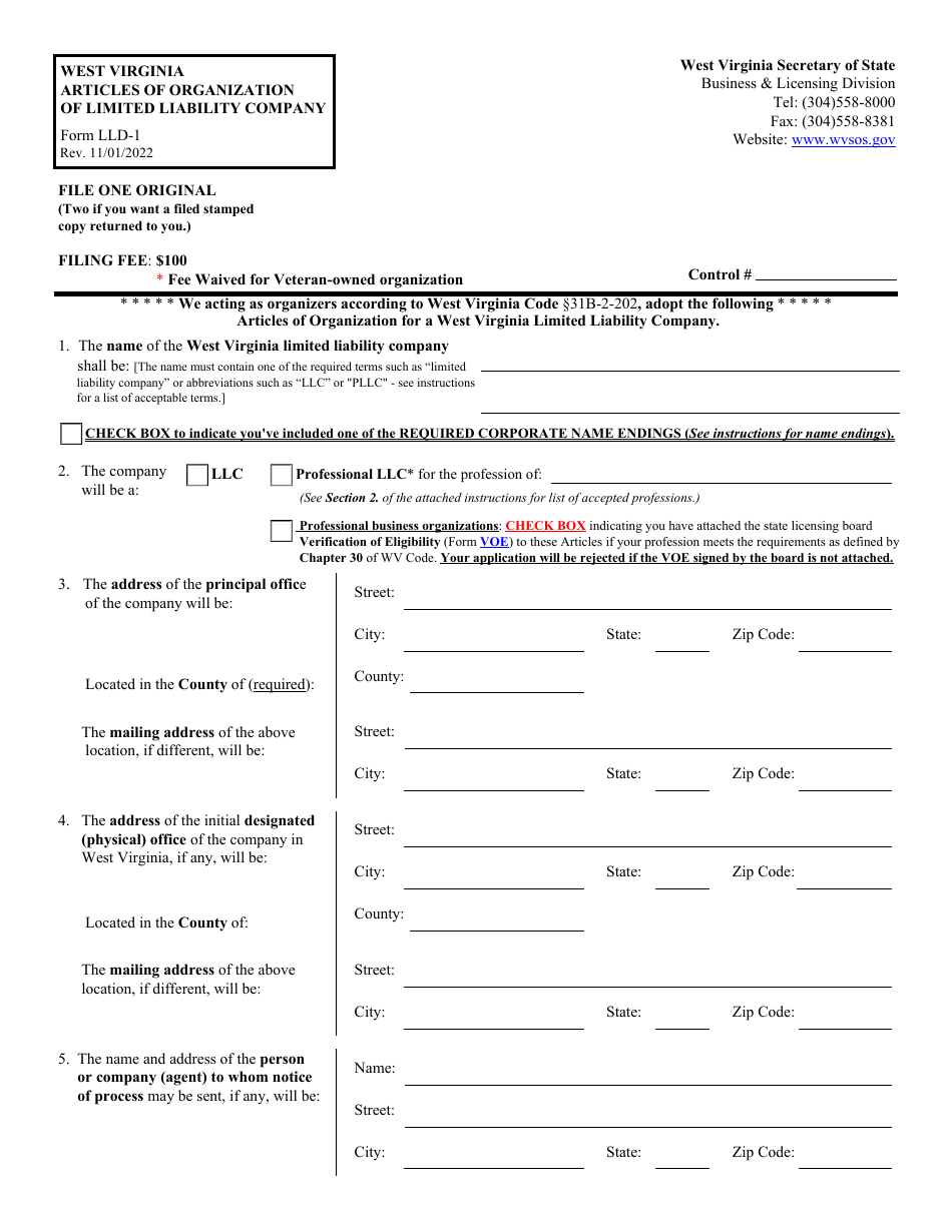 Form LLD-1 West Virginia Articles of Organization of Limited Liability Company - West Virginia, Page 1