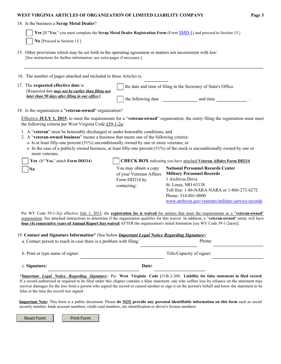 Form LLD-1 West Virginia Articles of Organization of Limited Liability Company - West Virginia, Page 3
