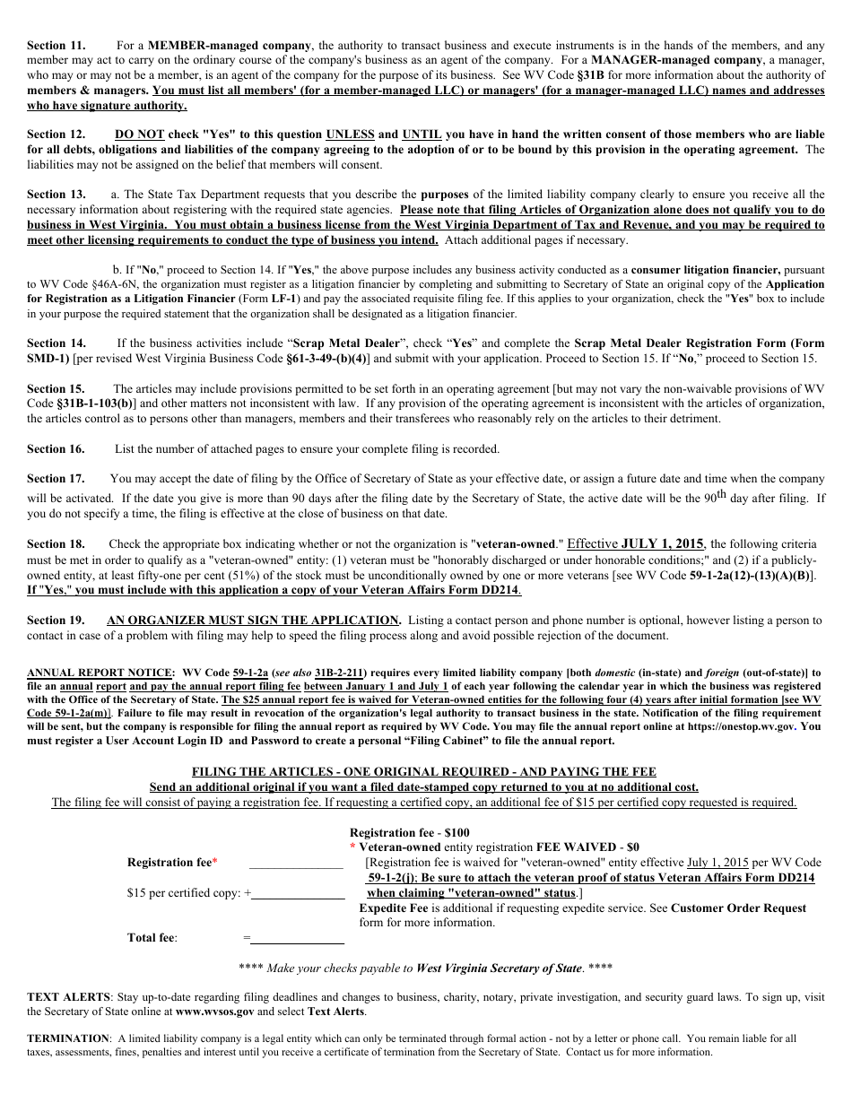 Form LLD-1 West Virginia Articles of Organization of Limited Liability Company - West Virginia, Page 5