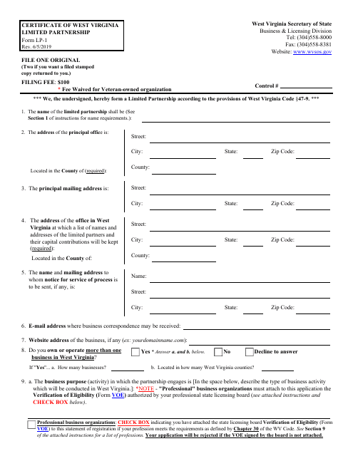 Form LP-1 Certificate of West Virginia Limited Partnership - West Virginia