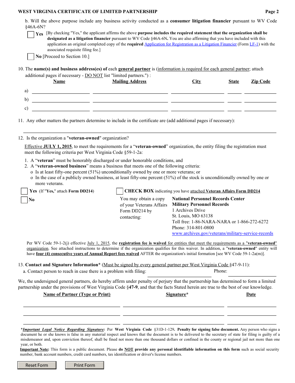 Form LP-1 Certificate of West Virginia Limited Partnership - West Virginia, Page 2