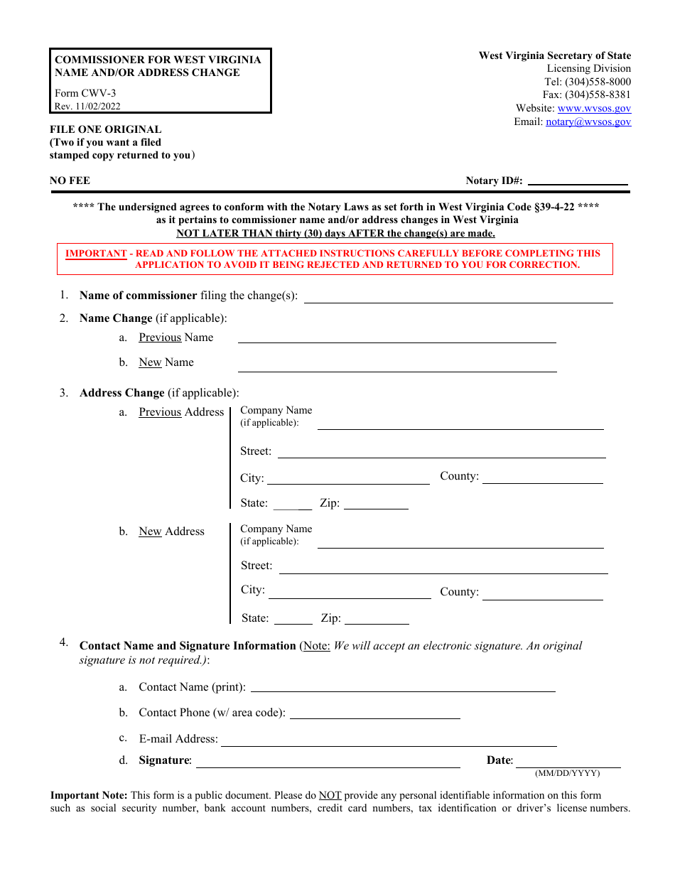 Form CWV3 Download Fillable PDF or Fill Online Commissioner for West