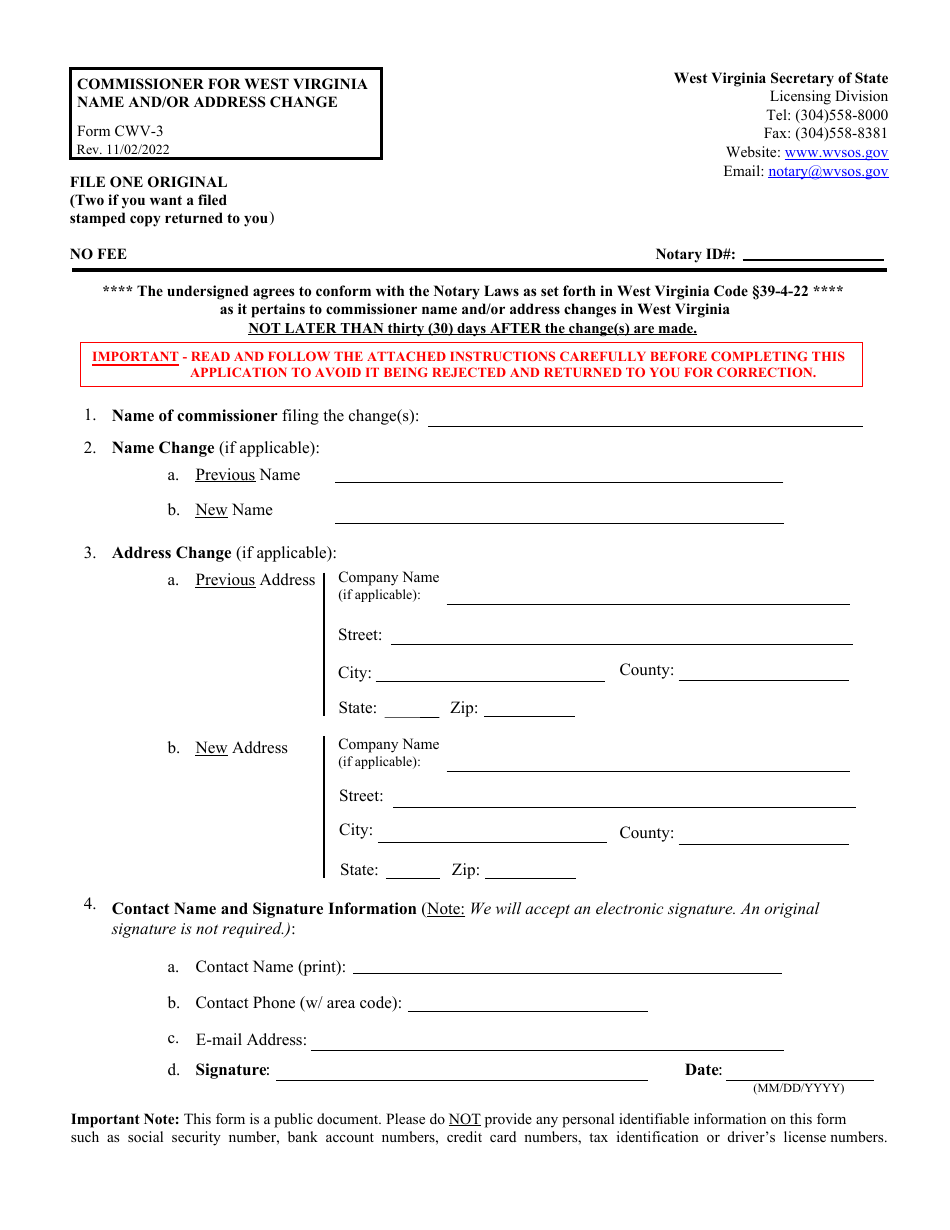 Form CWV-3 Commissioner for West Virginia Name and/or Address Change - West Virginia, Page 1