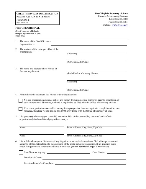 Document preview: Form CSO-1 Credit Services Organization Registration Statement - West Virginia