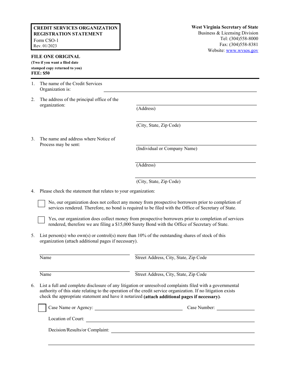 Form CSO-1 Credit Services Organization Registration Statement - West Virginia, Page 1