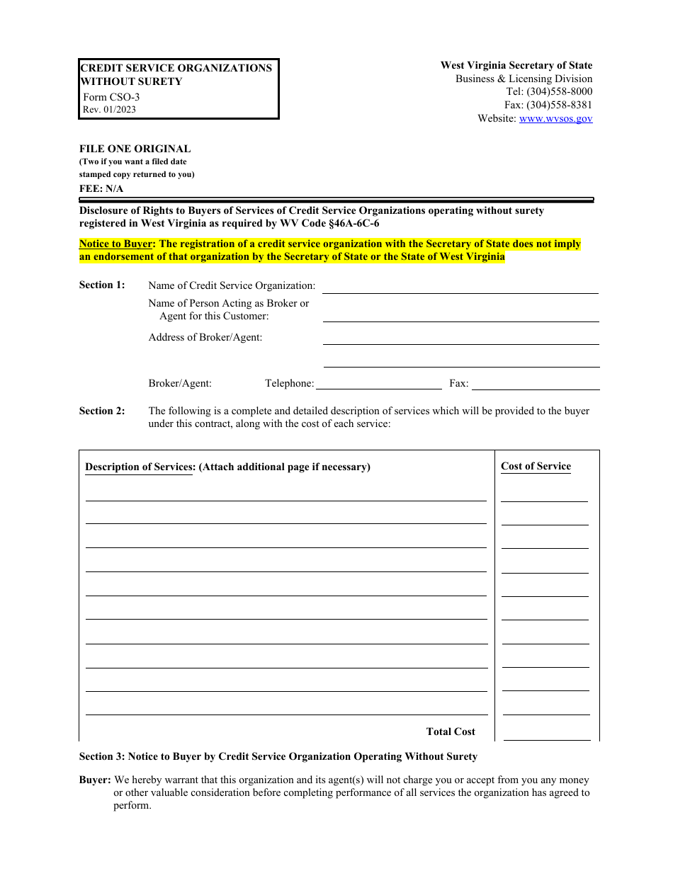 Form CSO-3 Credit Service Organizations Without Surety - West Virginia, Page 1