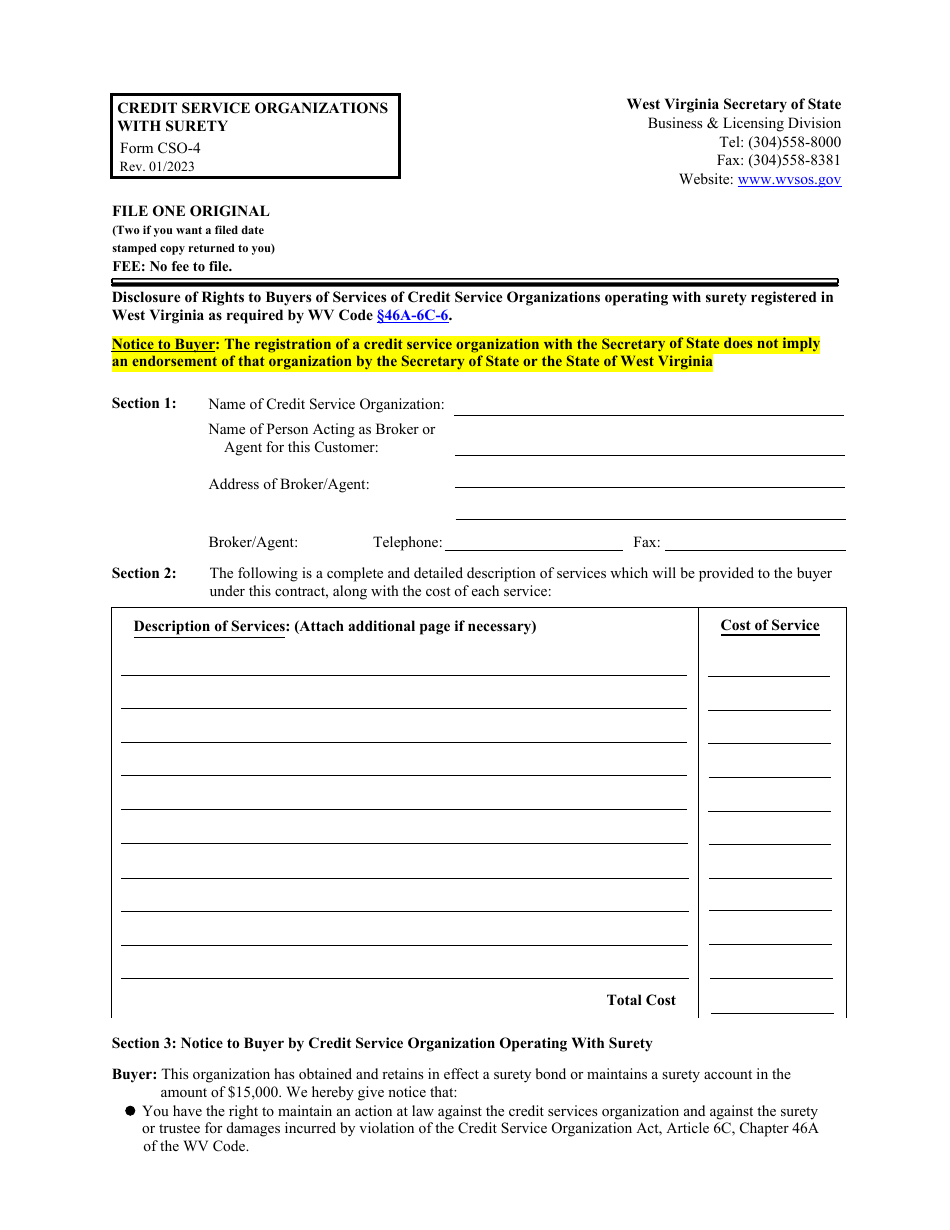 Form CSO-4 Credit Service Organizations With Surety - West Virginia, Page 1