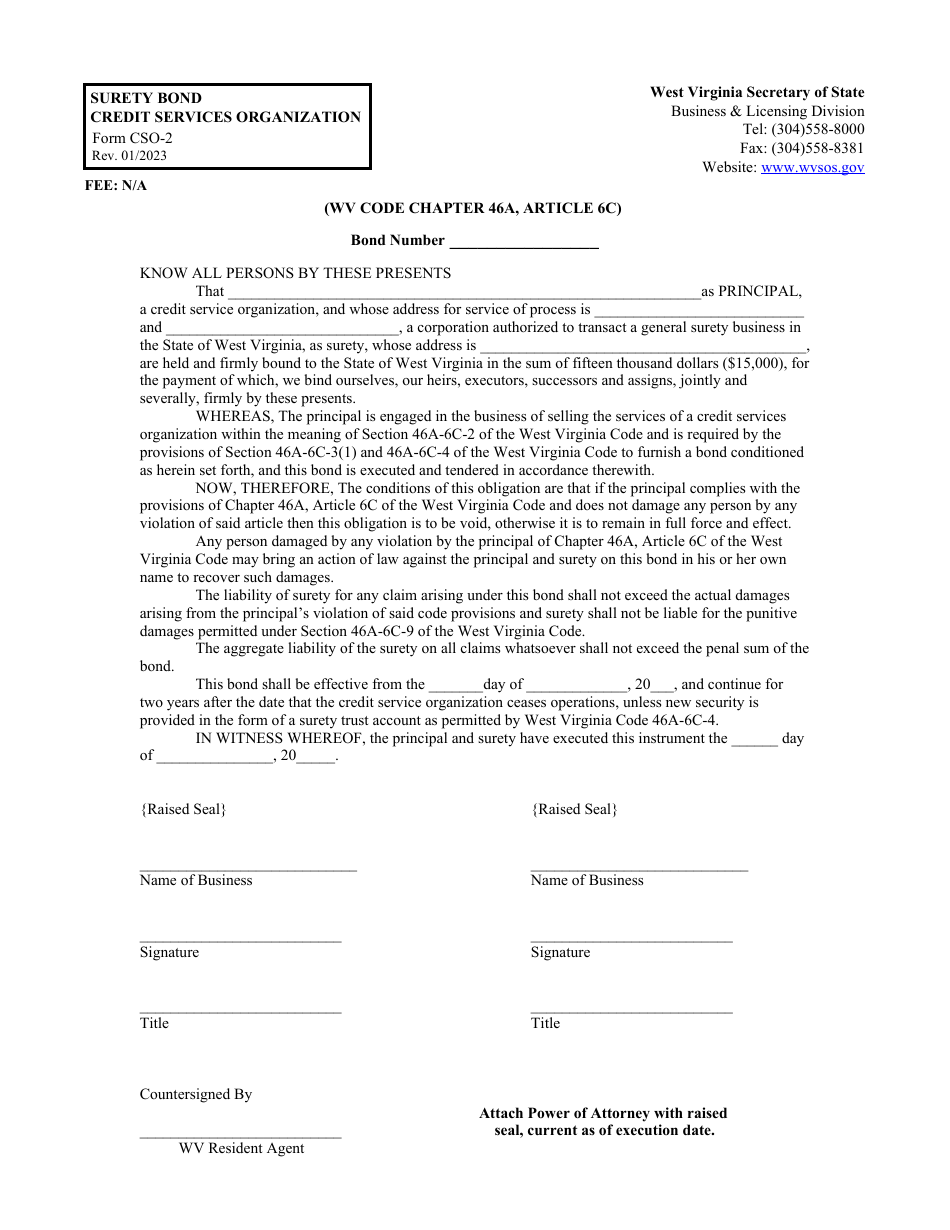 Form CSO-2 Surety Bond Credit Services Organization - West Virginia, Page 1