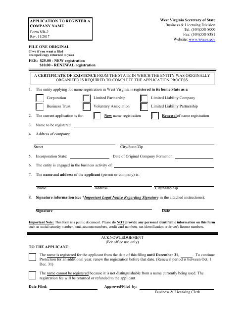 Form NR-2 Application to Register a Company Name (Foreign Entities Only) - West Virginia