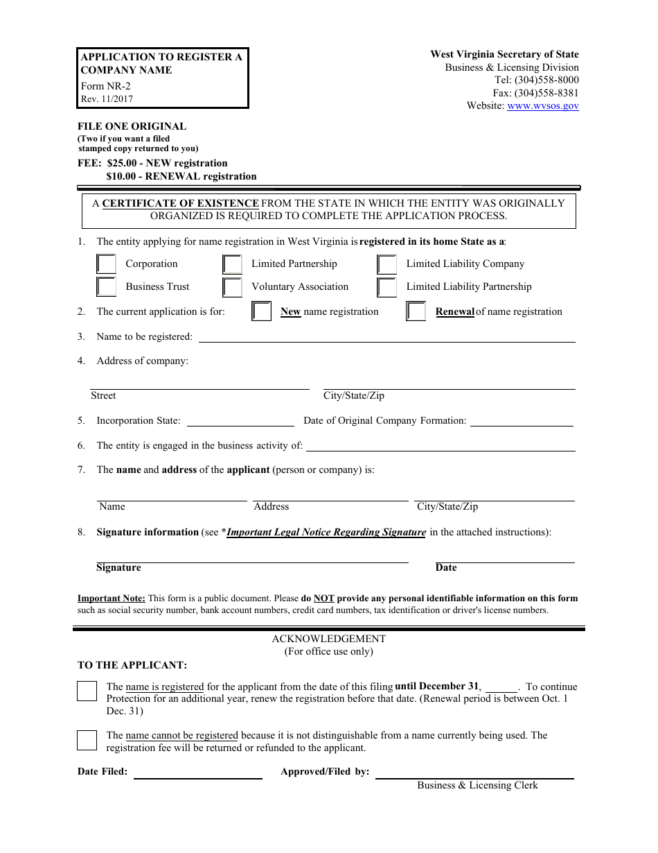 Form NR-2 Application to Register a Company Name (Foreign Entities Only) - West Virginia, Page 1