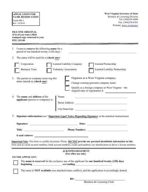 Form NR-1 Application for Name Reservation (Domestic and Foreign Entities) - West Virginia