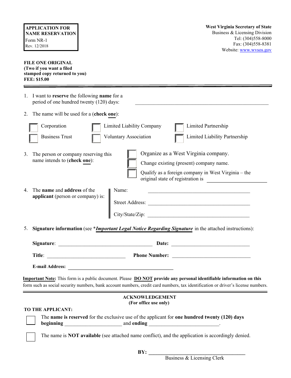 Form NR-1 Application for Name Reservation (Domestic and Foreign Entities) - West Virginia, Page 1