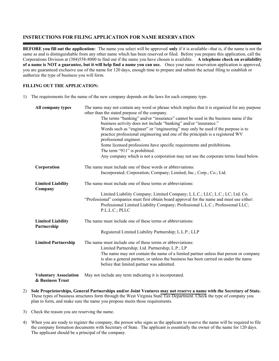 Form NR-1 Application for Name Reservation (Domestic and Foreign Entities) - West Virginia, Page 2