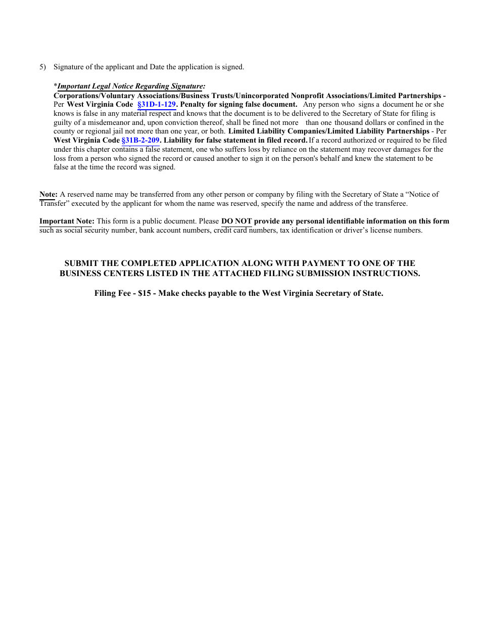 Form NR-1 Application for Name Reservation (Domestic and Foreign Entities) - West Virginia, Page 3