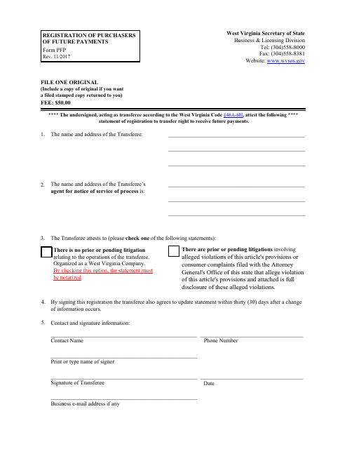 Form PFP Registration of Purchasers of Future Payments - West Virginia
