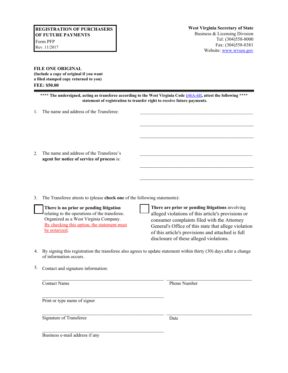 Form PFP Registration of Purchasers of Future Payments - West Virginia, Page 1